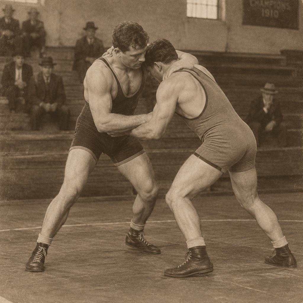 Vintage photograph of two wrestlers grappling in an early twentieth-century gymnasium